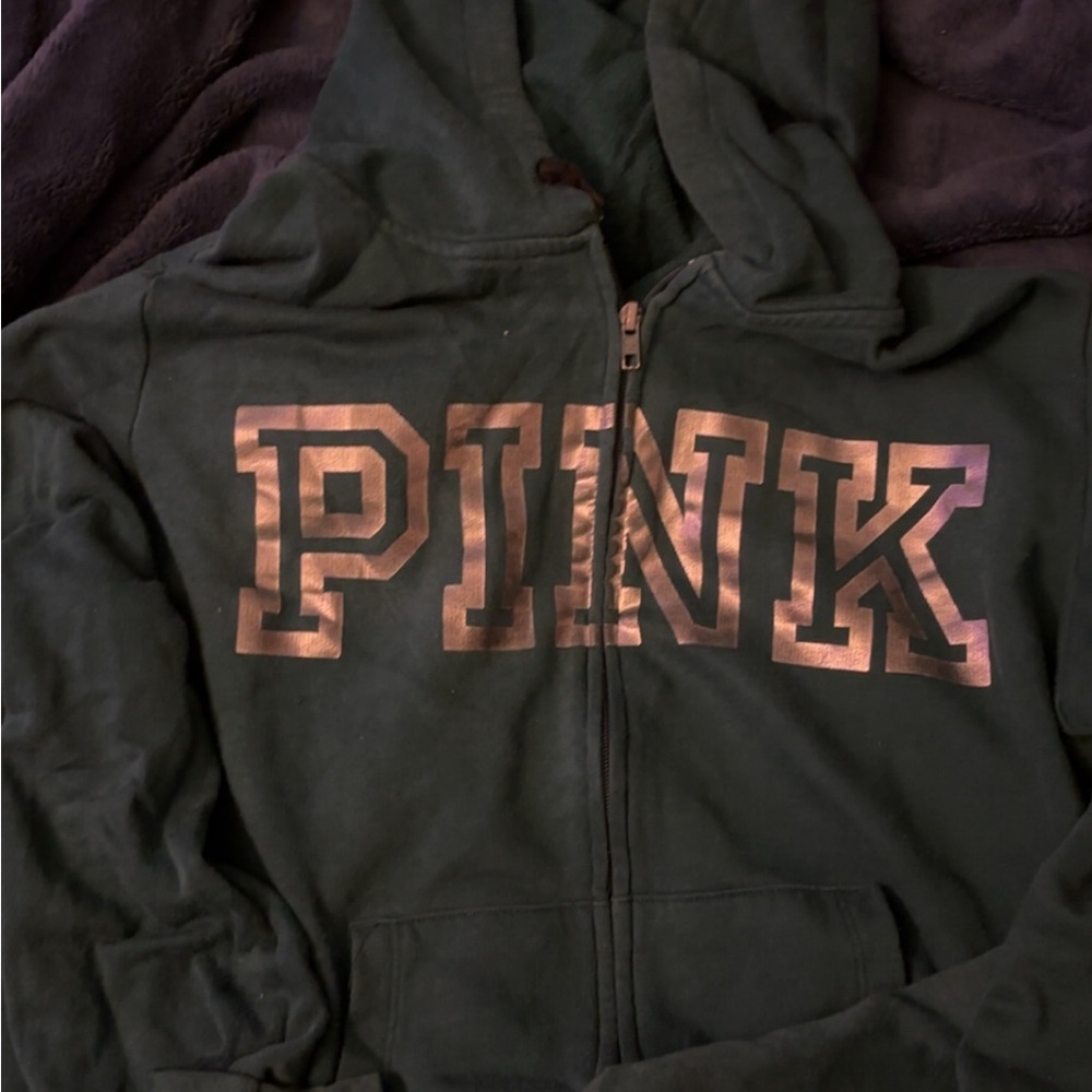 PINK Victoria's Secret Zip Up - Green With Gold Writing